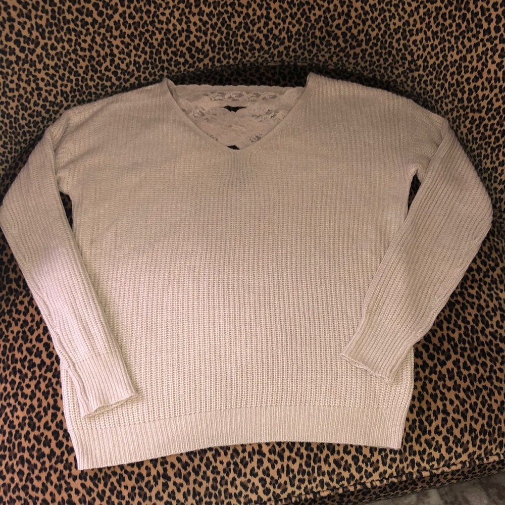 Poof! Cream V-Neck Sweater with Ribbed Texture